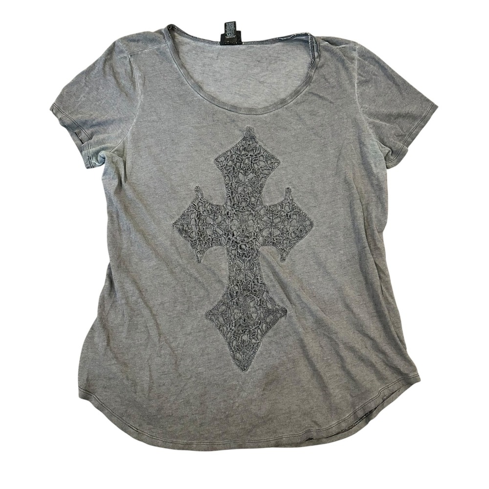 Daytrip Womens XL Grey Acid Wash Lace Crochet‎ Cross T-Shirt Grungecore Religous